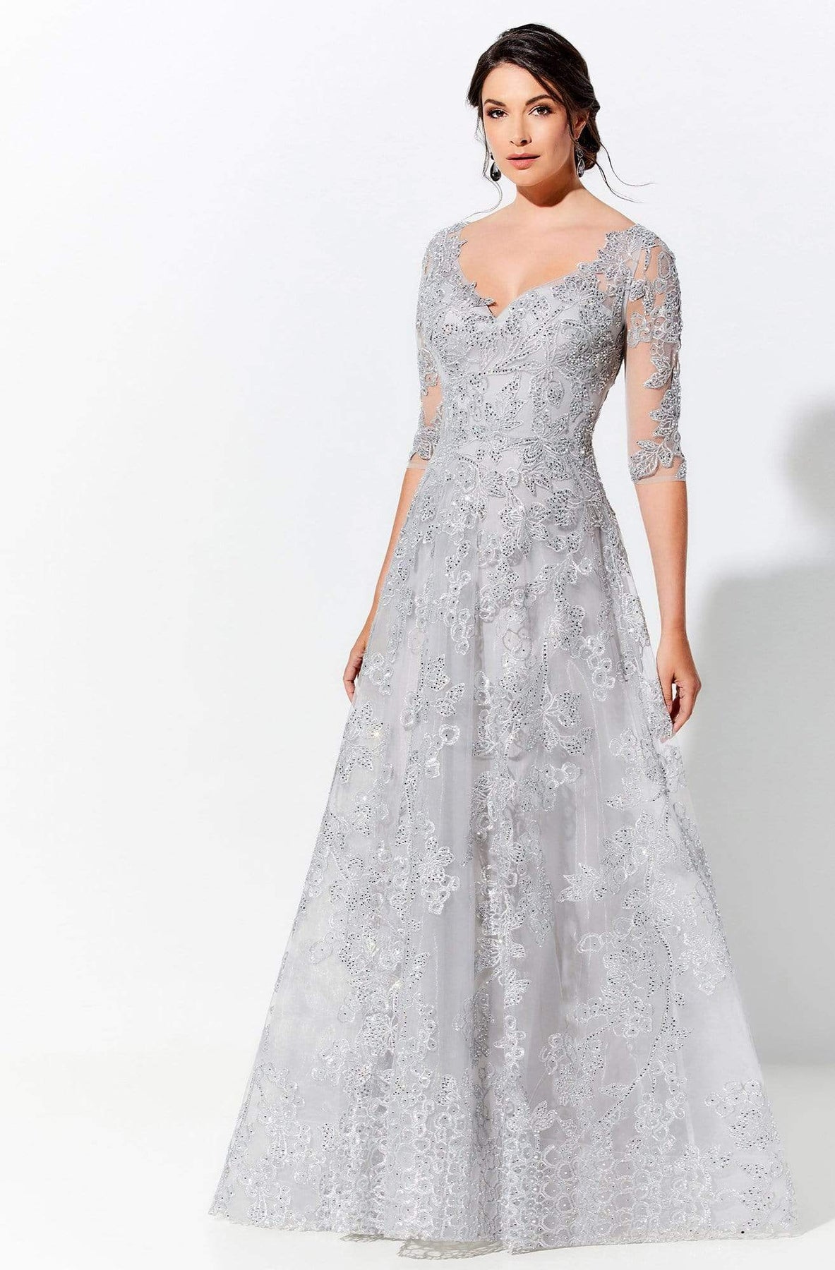 Ivonne D by Mon Cheri - 120D02 Lace V-Neck A-Line Evening Gown In Silver