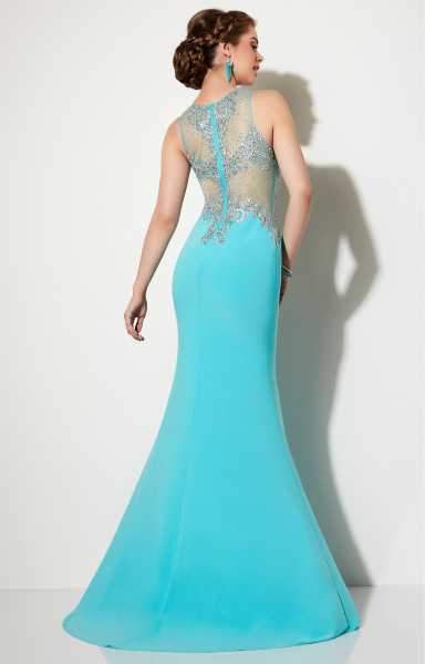 Studio 17 - Rich Metallic Lace Illusion Trumpet Gown 12602 in Blue and Silver