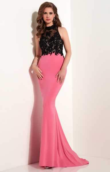 Studio 17 - Two-Toned Lace Embellished Trumpet Gown 12608 in Black and Pink