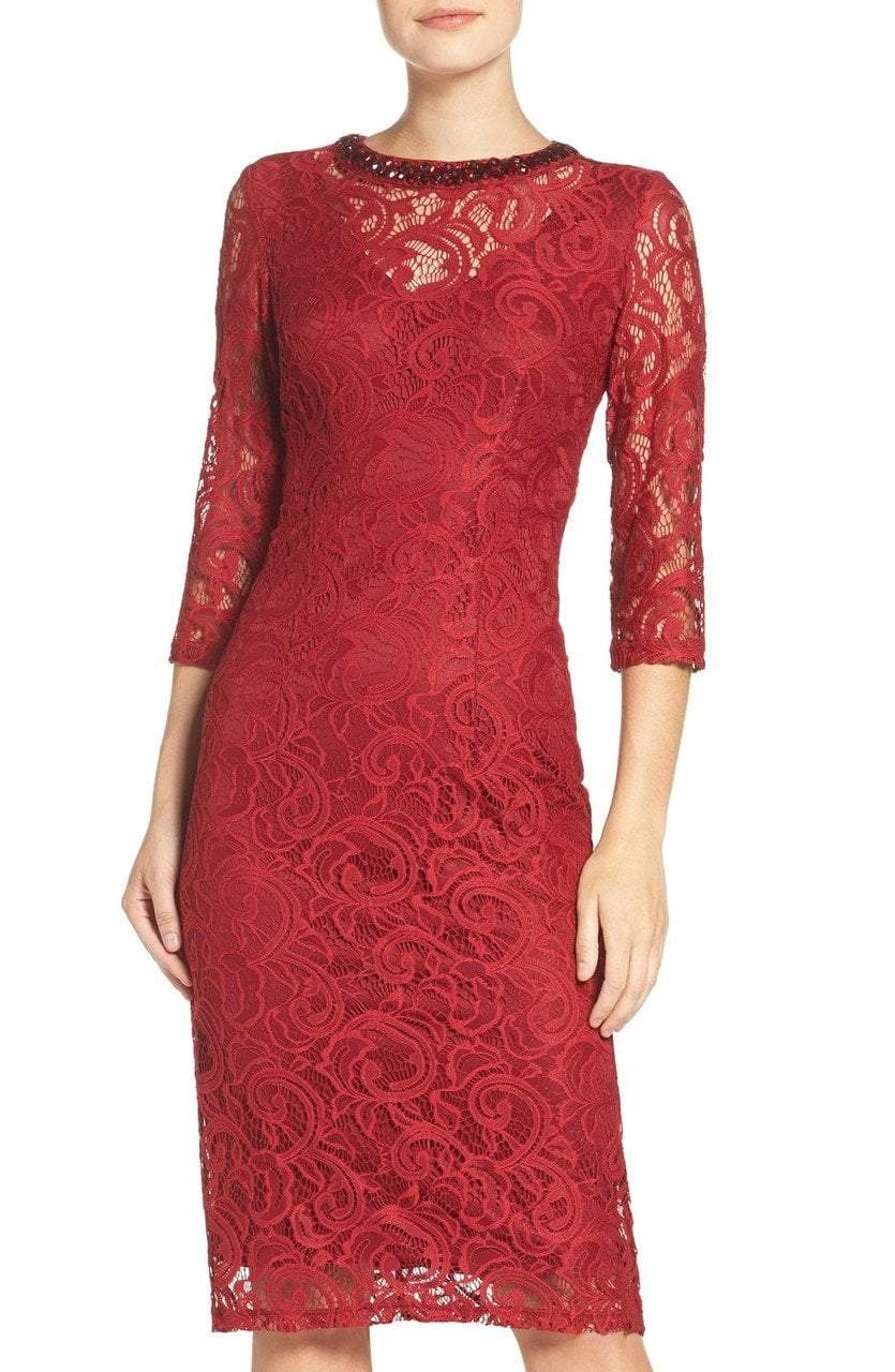 London Times - L2027M Embellished Illusion Lace Dress in Red
