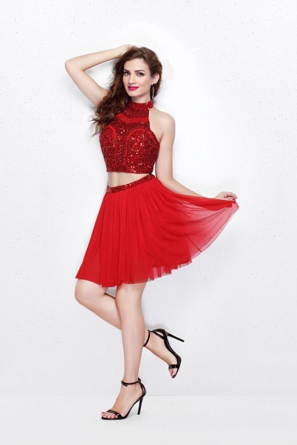 Primavera Couture - 1315 Beaded Halter Neck Two-Piece Dress in Red