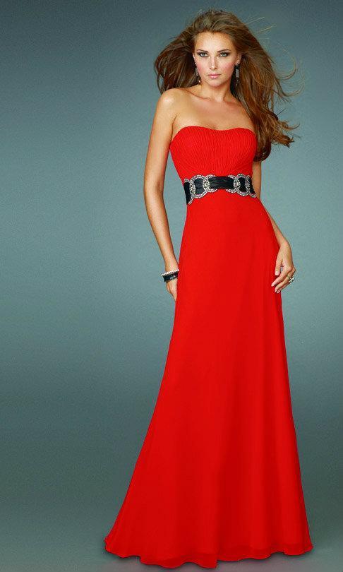 La Femme - 14259 Sleeveless Evening Dress with Concentric Waistband in Red
