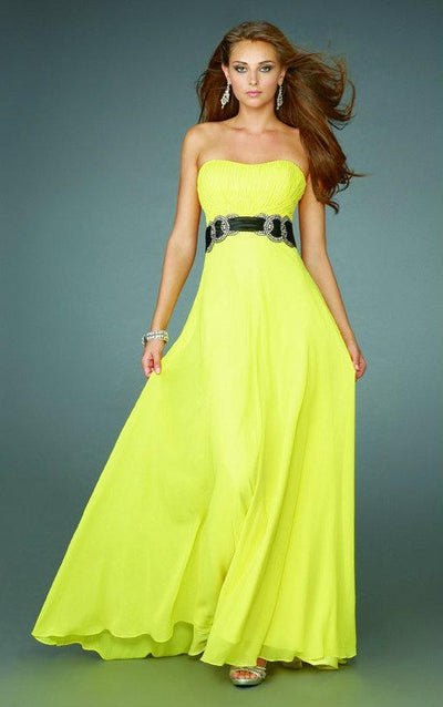La Femme - 14259 Sleeveless Evening Dress with Concentric Waistband in Yellow and Green
