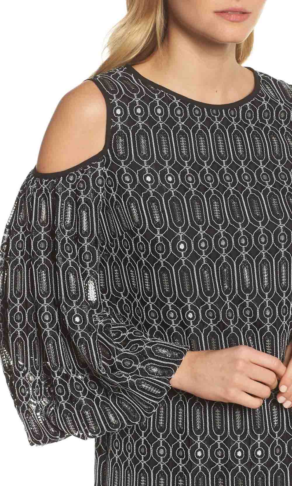 Maggy London - G3231M Cold Shoulder Bishop Sleeve Geo-Lace Print Dress In Black and Print
