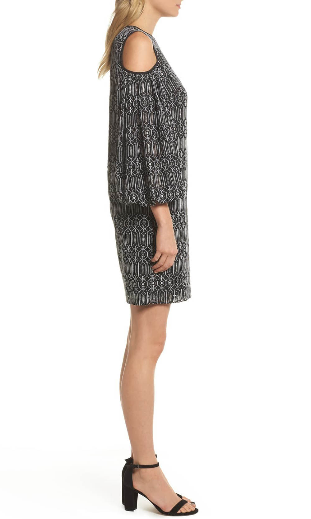 Maggy London - G3231M Cold Shoulder Bishop Sleeve Geo-Lace Print Dress In Black and Print