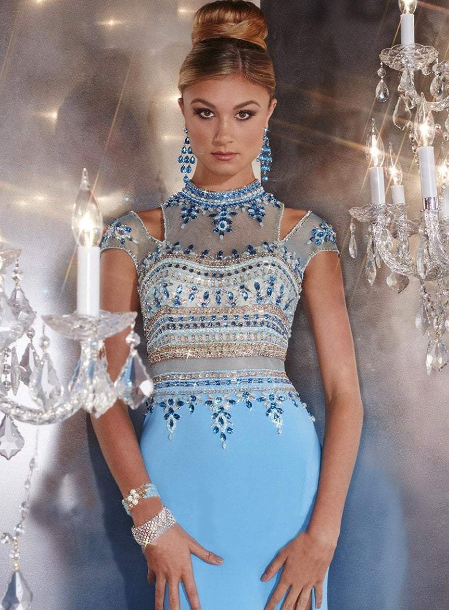 Panoply - 14747 Striking Beaded Choker Neck Two-Piece Matte Jersey Gown Special Occasion Dress 0 / Turquoise