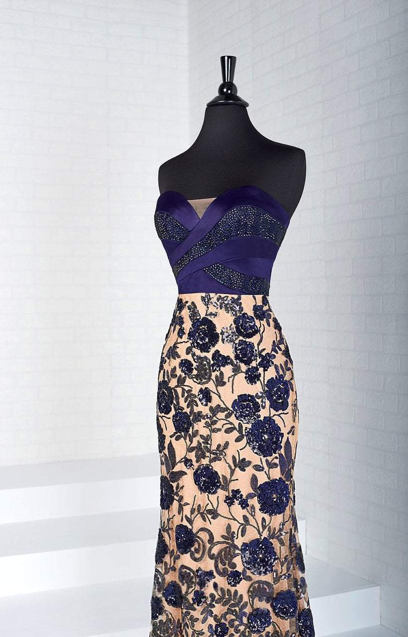 Panoply - 14884 Floral Strapless Fitted Evening Gown In Blue and Neutral