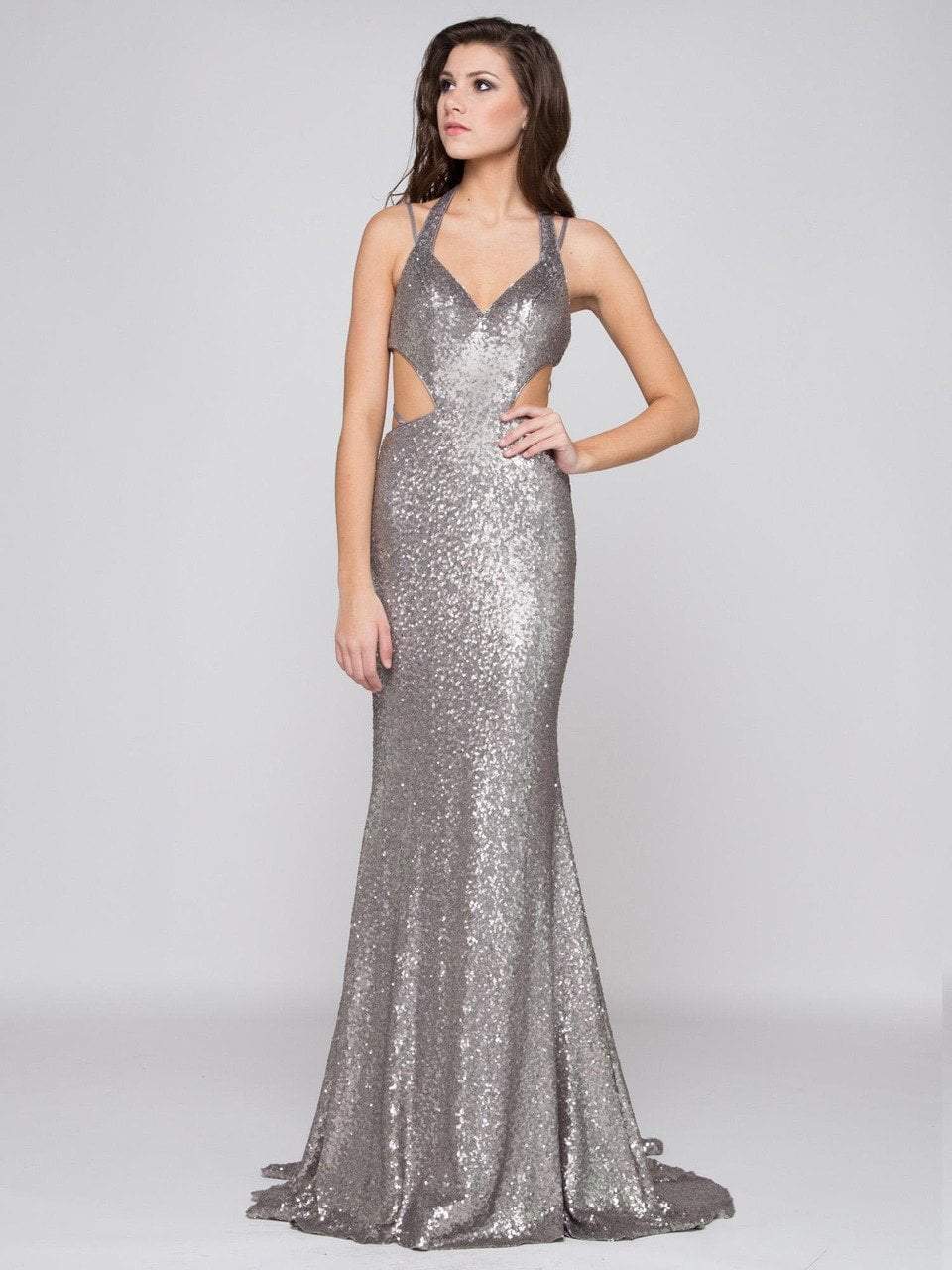 Colors Dress - 1583 Strappy Halter Long Dress with Side Cut Outs in Gray