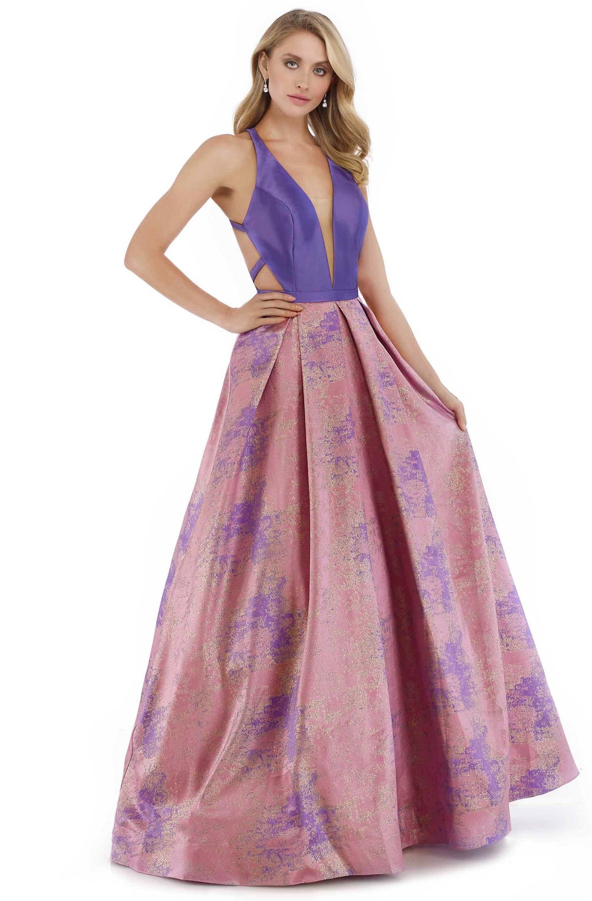 Morrell Maxie - 16046 V-neck Mikado Metallic Jacquard Print Ballgown in Purple and Gold