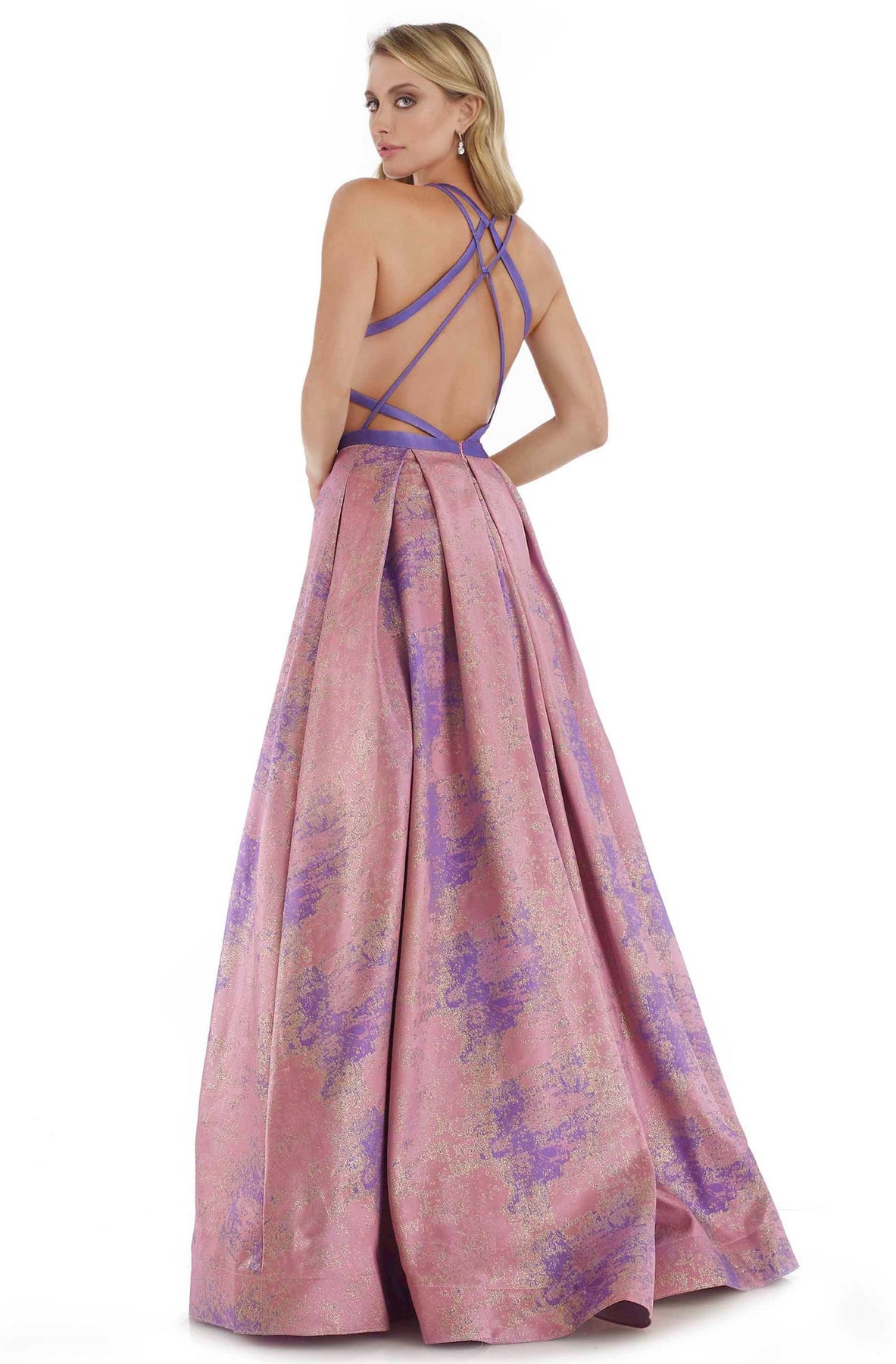 Morrell Maxie - 16046 V-neck Mikado Metallic Jacquard Print Ballgown in Purple and Gold