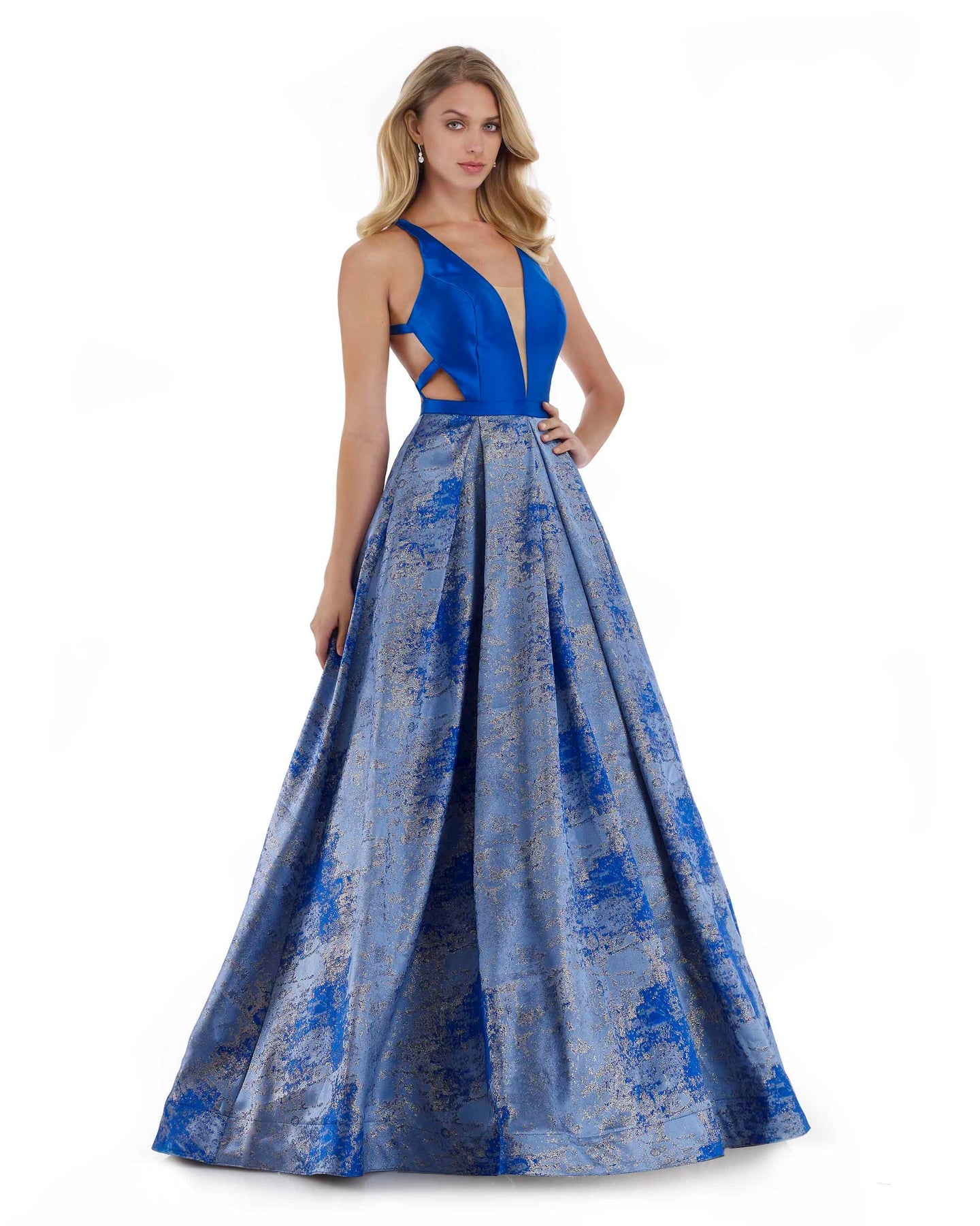 Morrell Maxie - 16046 V-neck Mikado Metallic Jacquard Print Ballgown in Blue and Gold