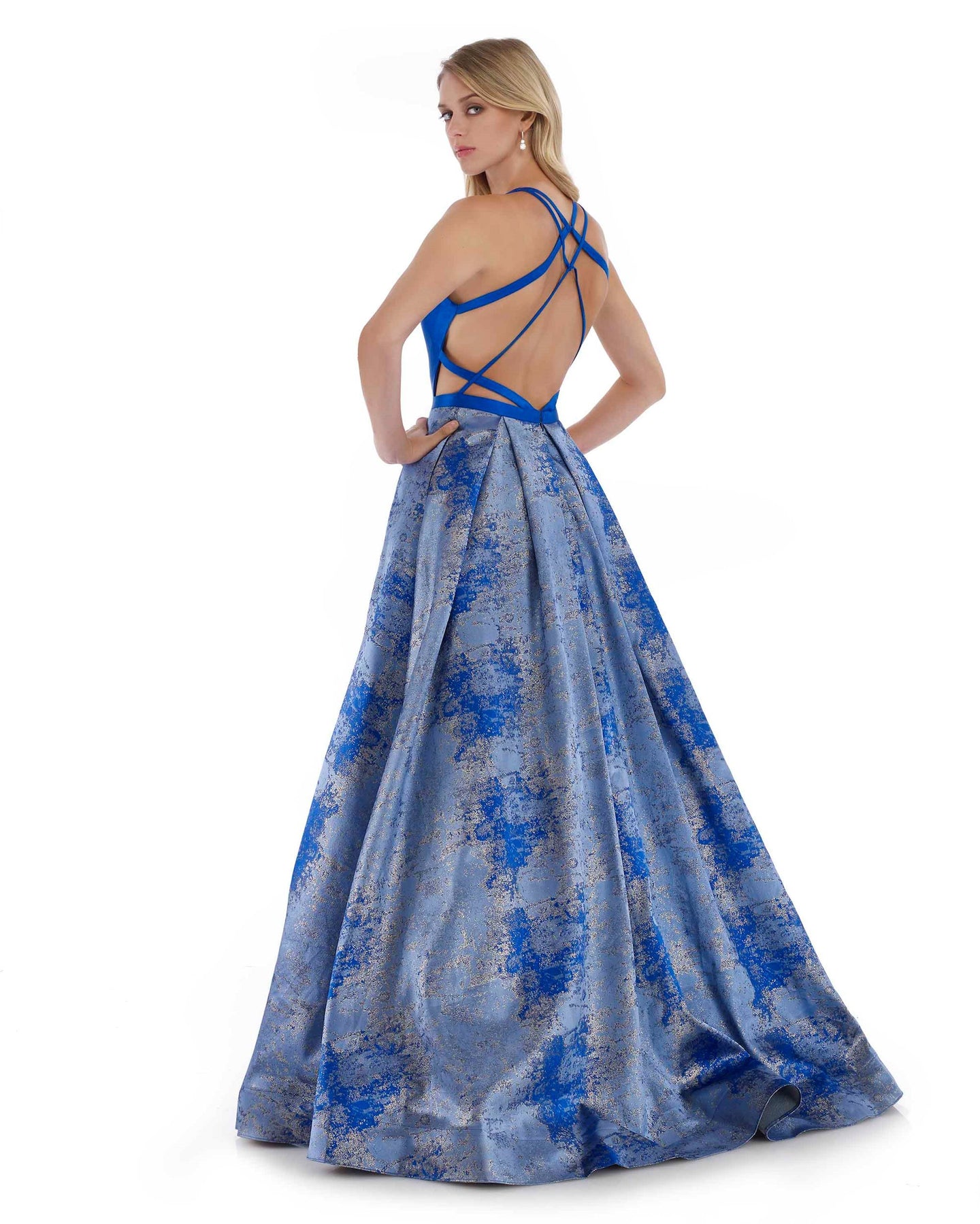 Morrell Maxie - 16046 V-neck Mikado Metallic Jacquard Print Ballgown in Blue and Gold