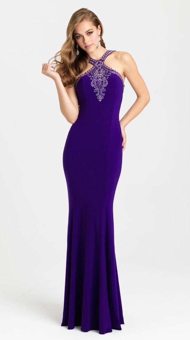 Madison James - 16-373 Jewel Embroidered Halter Sheath Dress