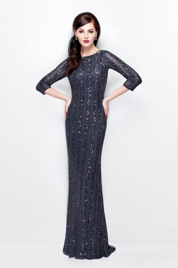 1719 Sheer Quarter Sleeve Embellished Evening Gown In Gray