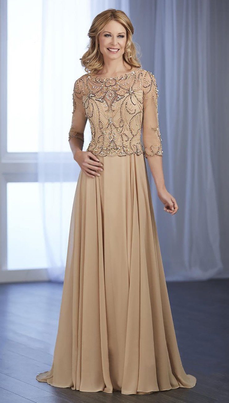 Christina Wu Elegance - Beaded Illusion Quarter Sleeve A-Line Dress 17846 In Gold