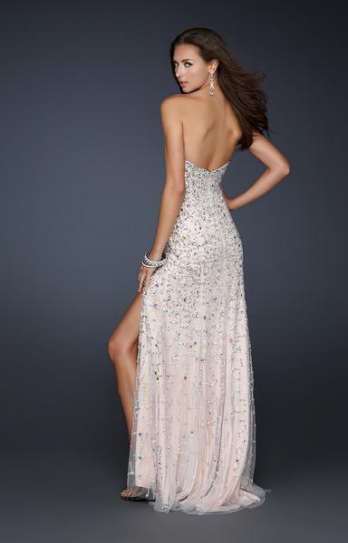 La Femme - 17975 Strapless Beaded Chiffon Sheath Dress With Slit In Neutral