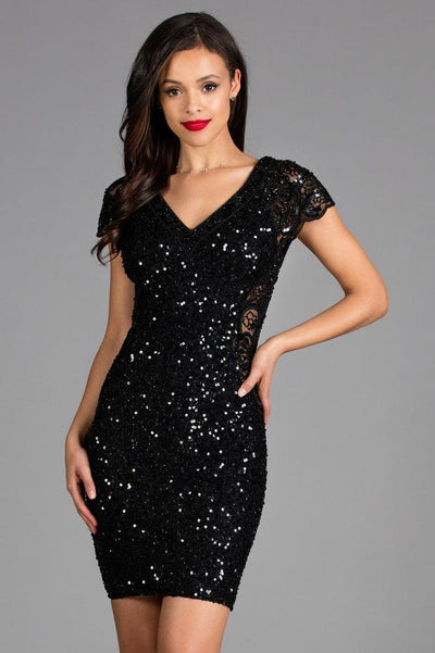Scala - 48889 Cap Sleeve Sequined V-neck Fitted Dress In Black