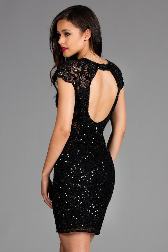 Scala - 48889 Cap Sleeve Sequined V-neck Fitted Dress In Black
