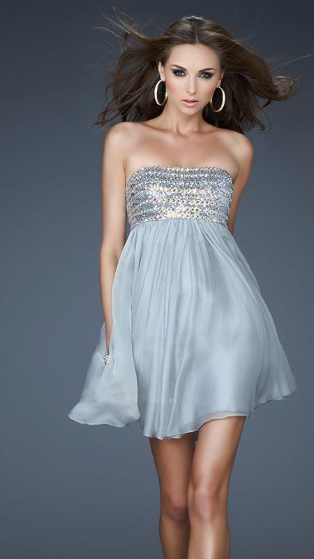 La Femme - Sequined Straight Neck Empire Waist A-line Dress 18063 In Silver