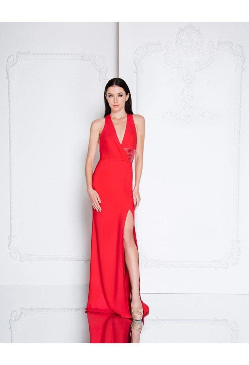 Terani Couture - 1811E6103 Surplice Bodice Sheath Gown In Red