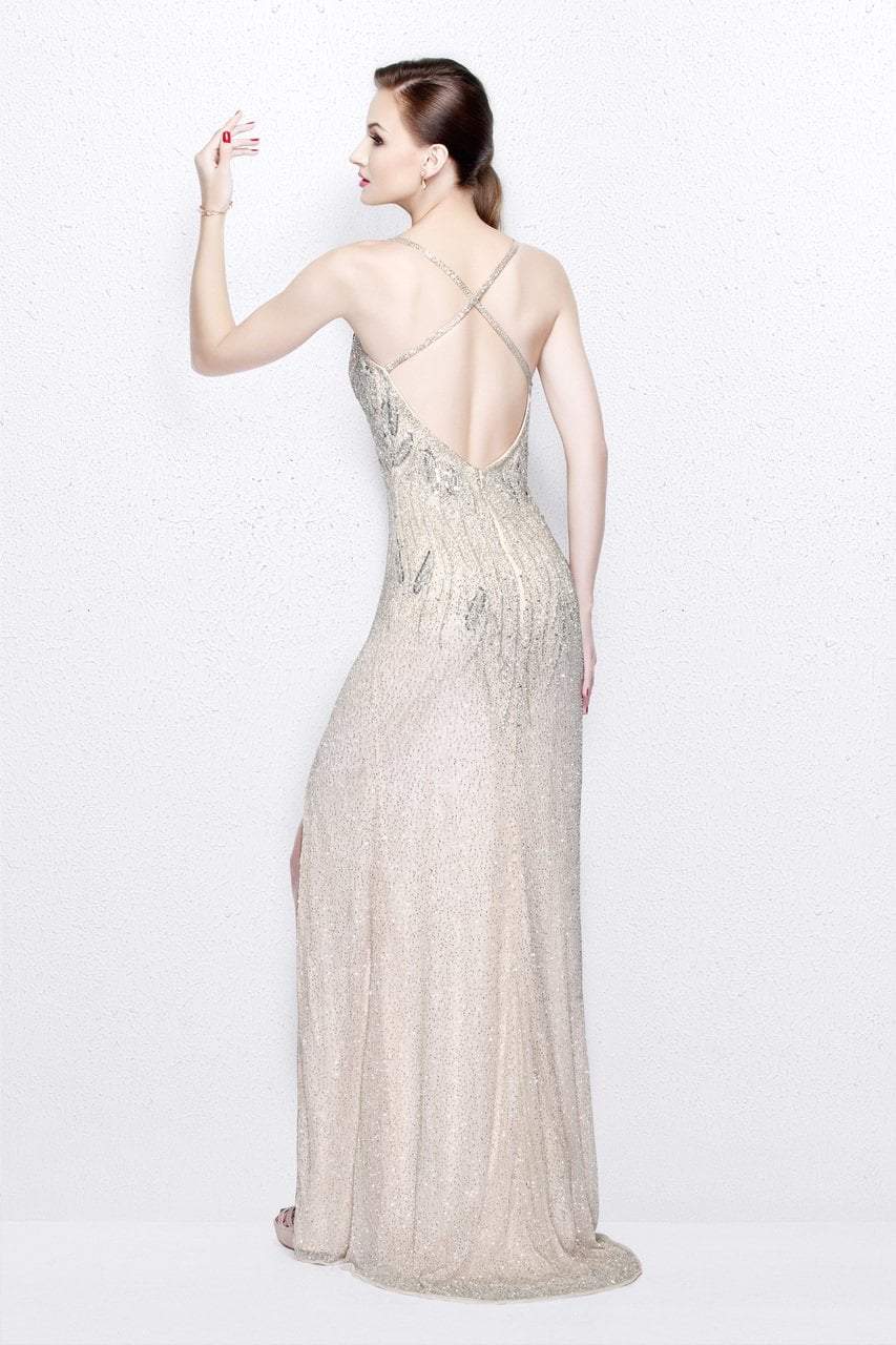 Primavera Couture - Sequined V-Neck Sheath Gown with Crisscrossed Straps 1818 in Neutral