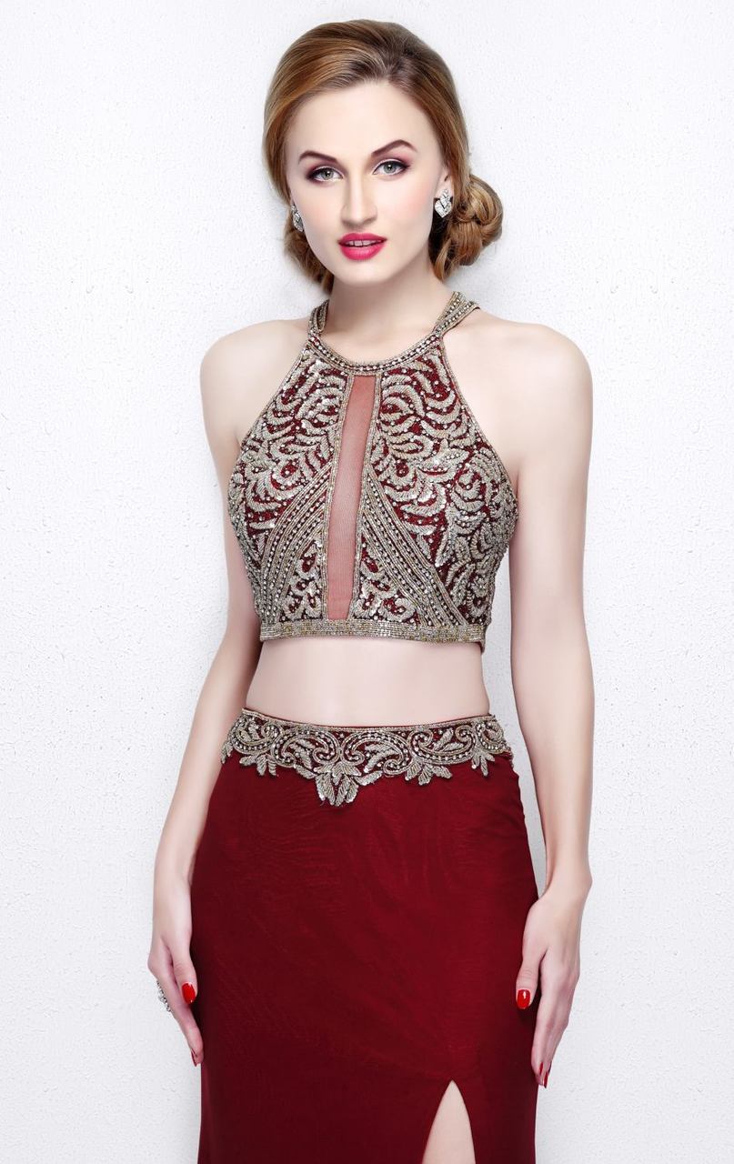 Primavera Couture - Two Piece Halter Long Dress with Slit 1863 in Red
