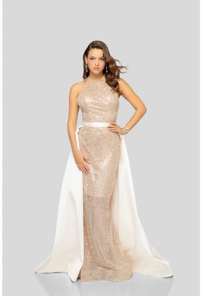 Terani Couture - 1912P8437 Glitter Tulle Dress With Mikado Overskirt In White