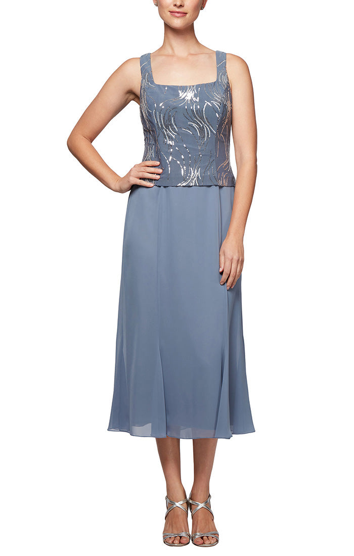 Alex Evenings 2962675 - Square Neck Two-piece Tea-Length Dress In Blue