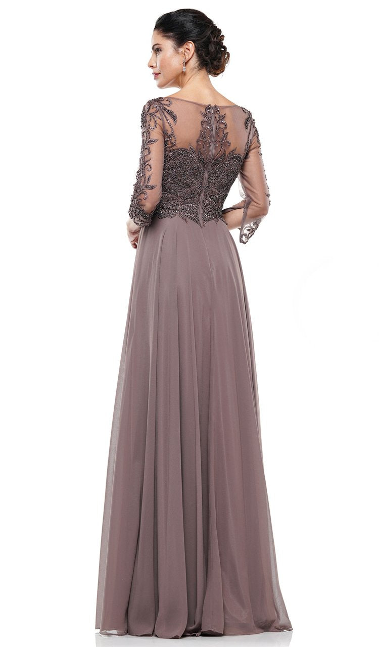 Marsoni by Colors - M228 Beaded Applique Embellished Quarter Length Sleeves Long Dress In Gray