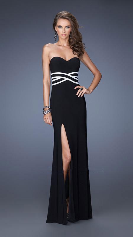 La Femme - Strapless Sweetheart with Criss-Crossed Waistline Evening Dress 20030 In Black and White