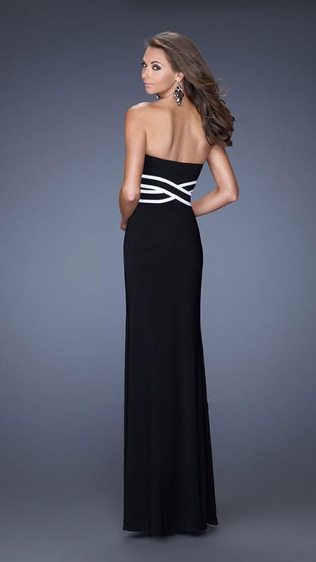 La Femme - Strapless Sweetheart with Criss-Crossed Waistline Evening Dress 20030 In Black and White