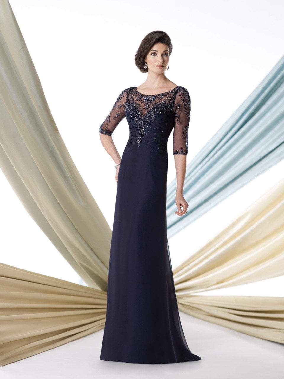 Mon Cheri - Sheer Bateau Neck Sheath Gown 213967 in Blue