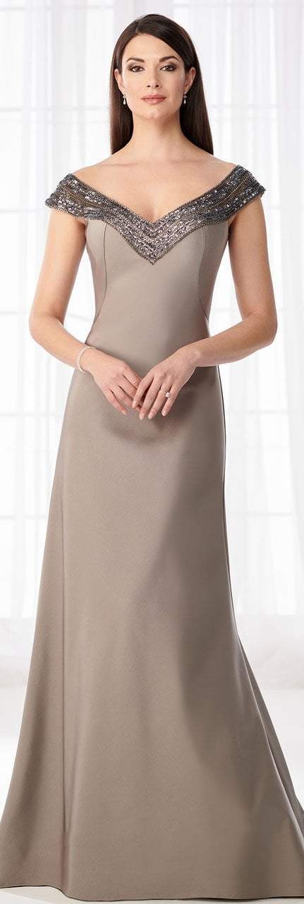 Cameron Blake - 218616 Beaded V Neck Evening Gown in Gray