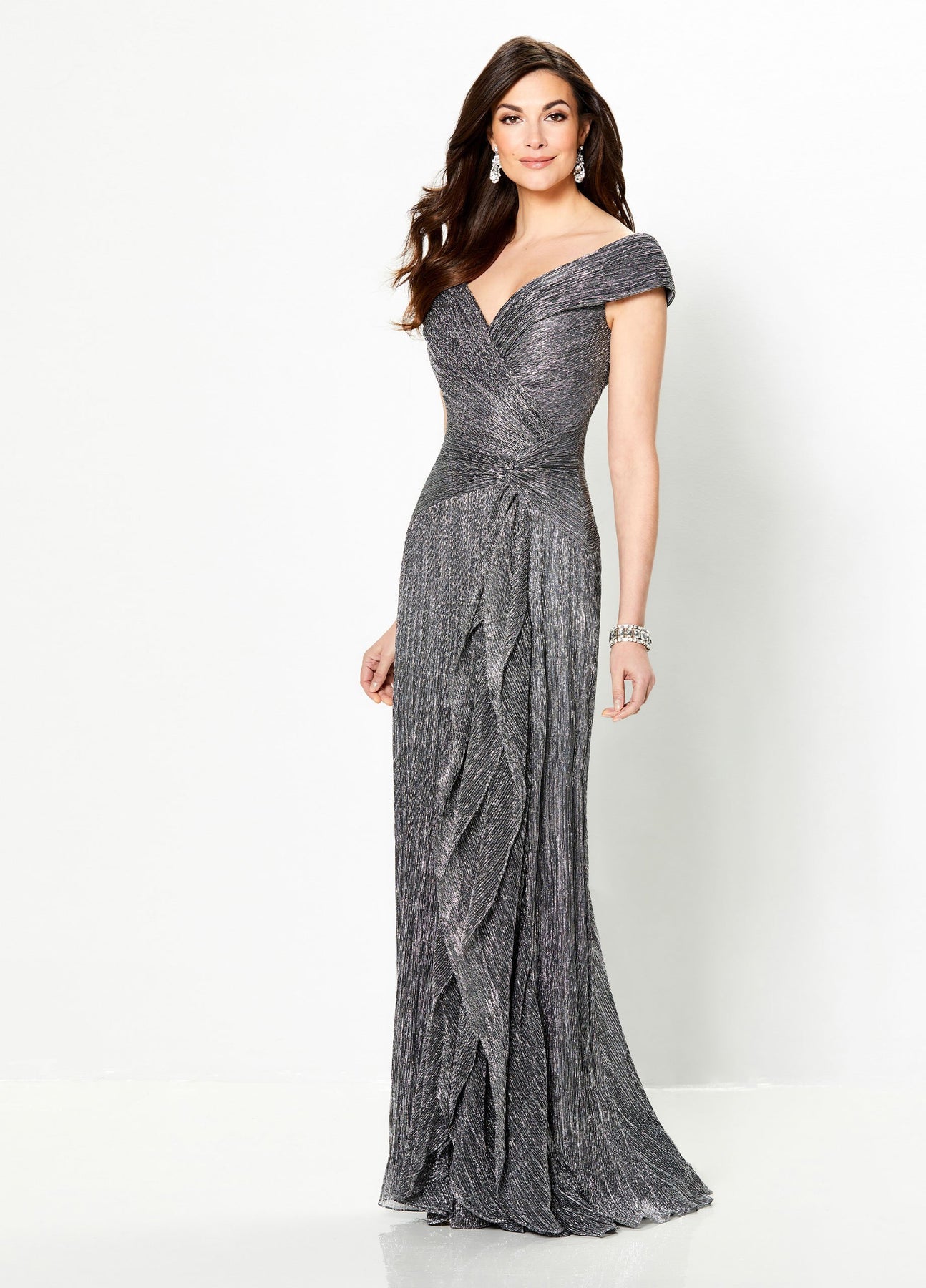 Mon Cheri - Textured Portrait V-Neck Cascading Ruffled Gown 219975  In Gray