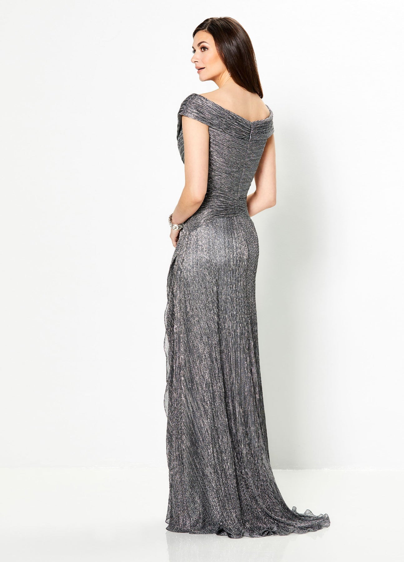 Mon Cheri - Textured Portrait V-Neck Cascading Ruffled Gown 219975  In Gray