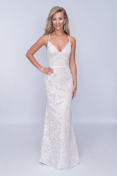 Nina Canacci - 2239 Crisscrossed Back Foliage Motif Sheath Gown In Ivory