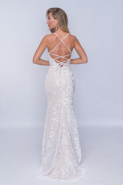 Nina Canacci - 2239 Crisscrossed Back Foliage Motif Sheath Gown In Ivory