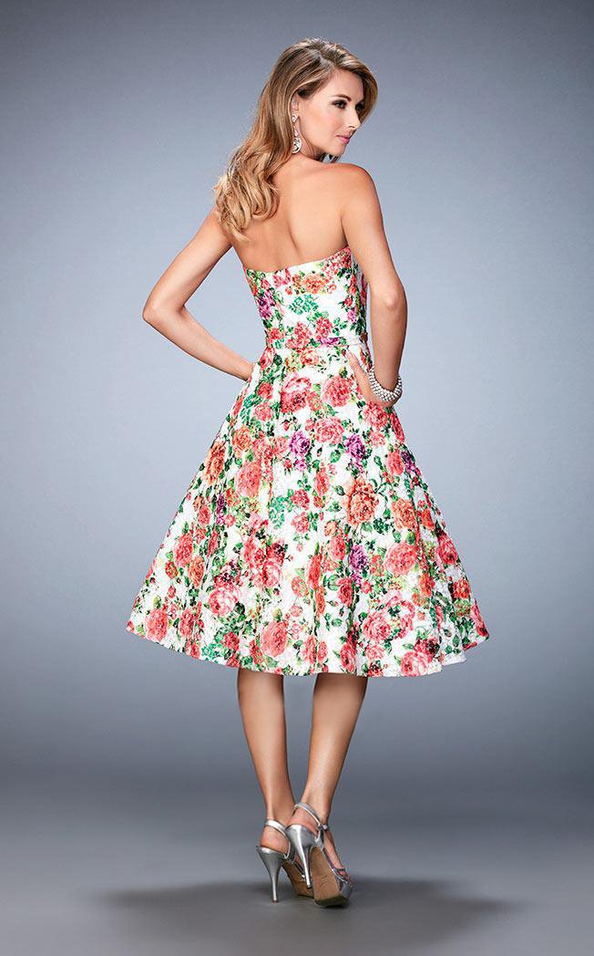 La Femme - 22903 Strapless Floral Print Tea Length Dress in Multi-Color
