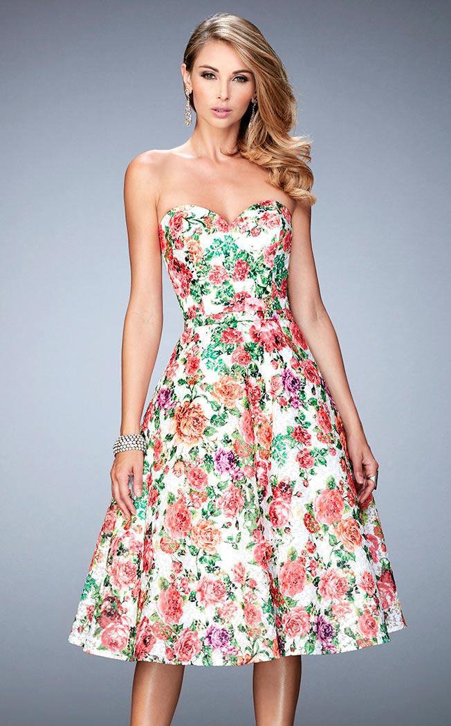 La Femme - 22903 Strapless Floral Print Tea Length Dress in Multi-Color