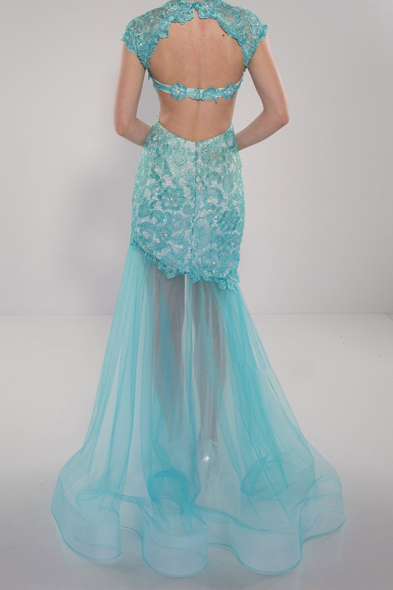 Alyce Paris - Trendy Queen Anne Lace Convertible Dress with Detachable Tulle Train 2442 In Blue and Nude