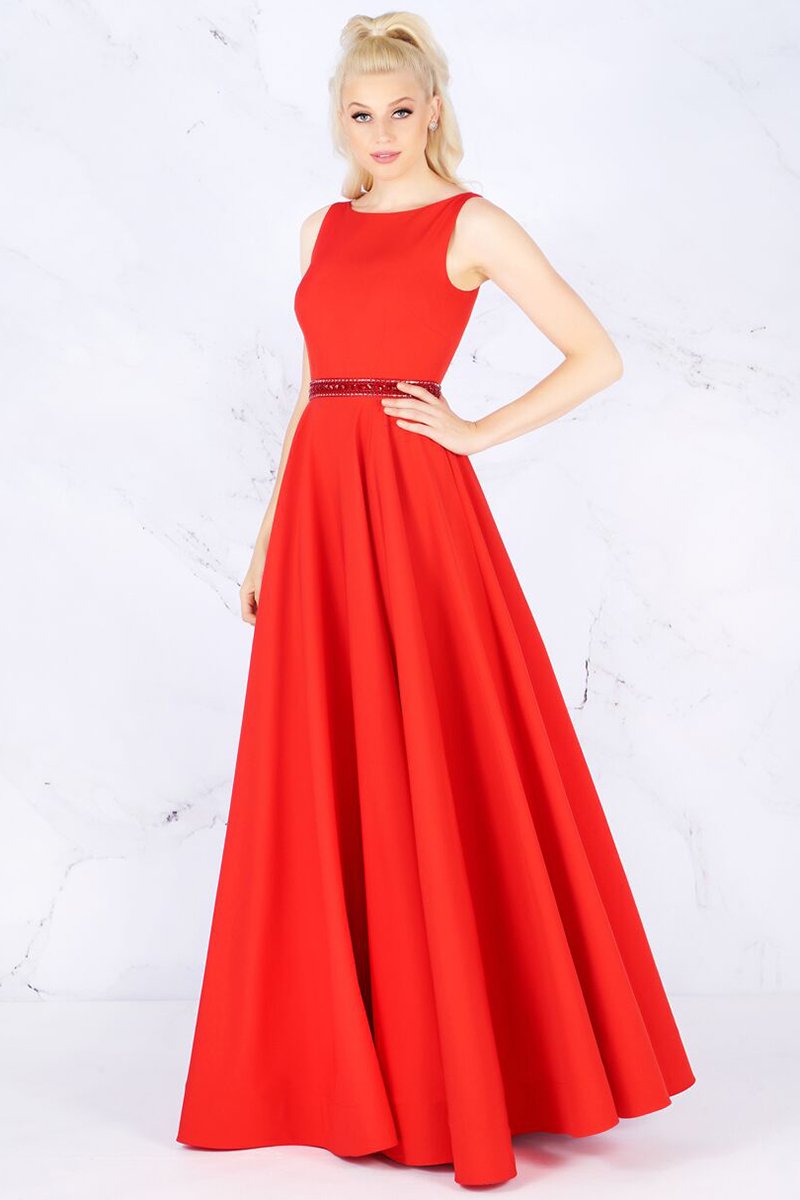 Mac Duggal - 25608L Sleeveless Bateau Crepe A-Line Gown In Red