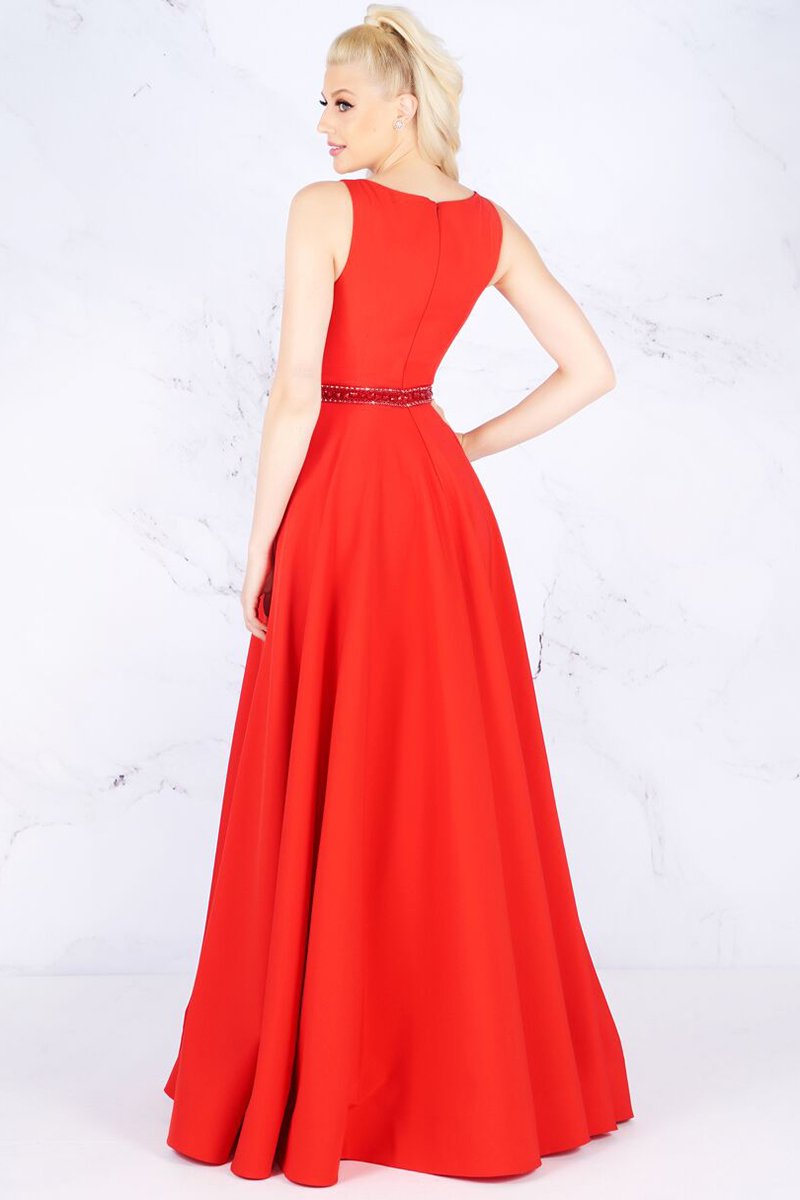 Mac Duggal - 25608L Sleeveless Bateau Crepe A-Line Gown In Red