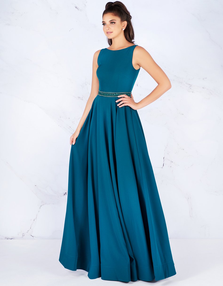 Mac Duggal - 25608L Sleeveless Bateau Crepe A-Line Gown In Blue and Green