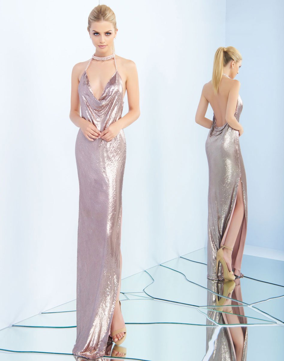 Ieena Duggal - 25751I Plunging High Neck Fitted Dress In Pink