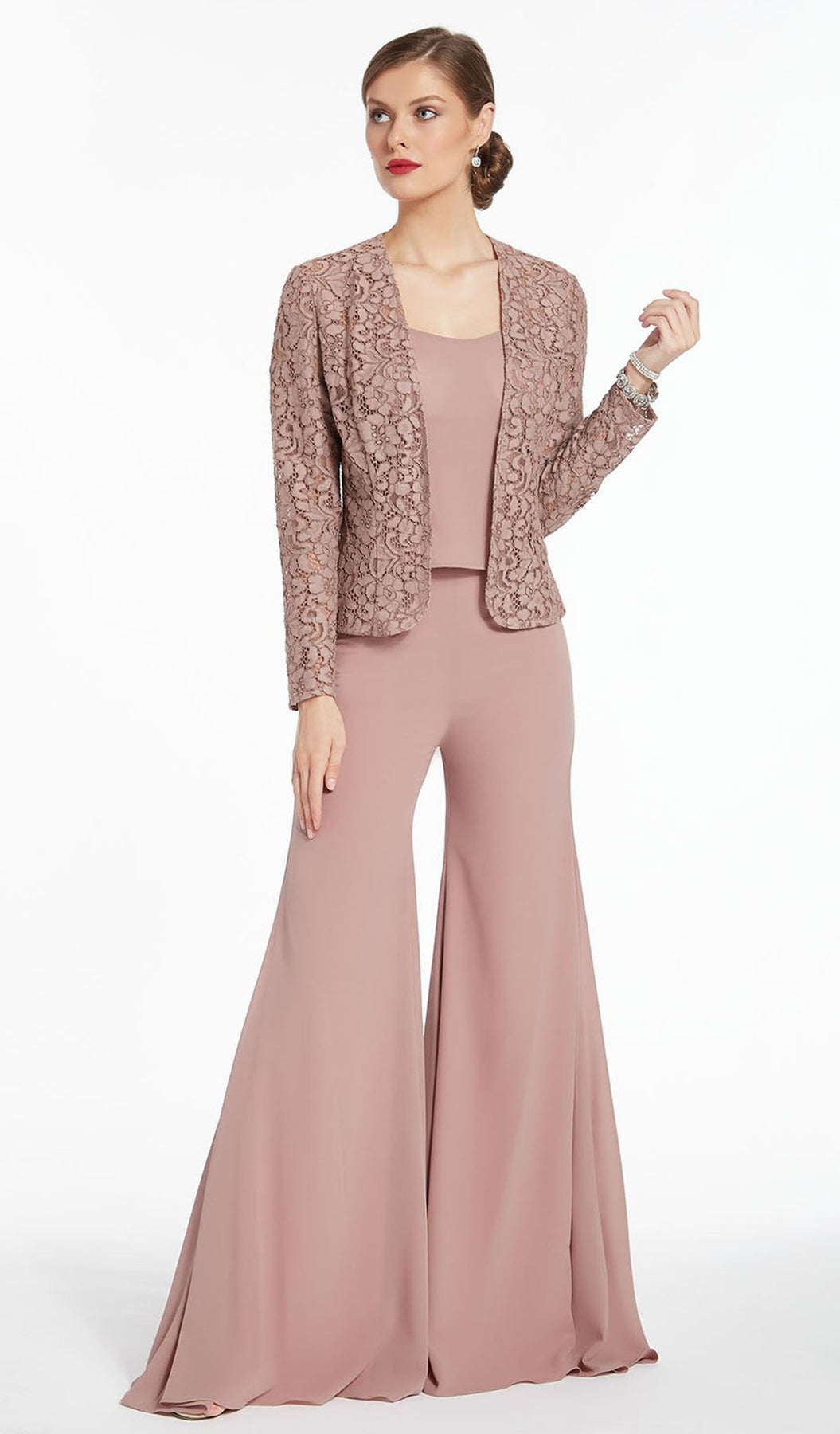 Alyce Paris - Three-Piece Flared Bottom Crepe Pantsuit with Lace Jacket 27299SC In Pink and Neutral
