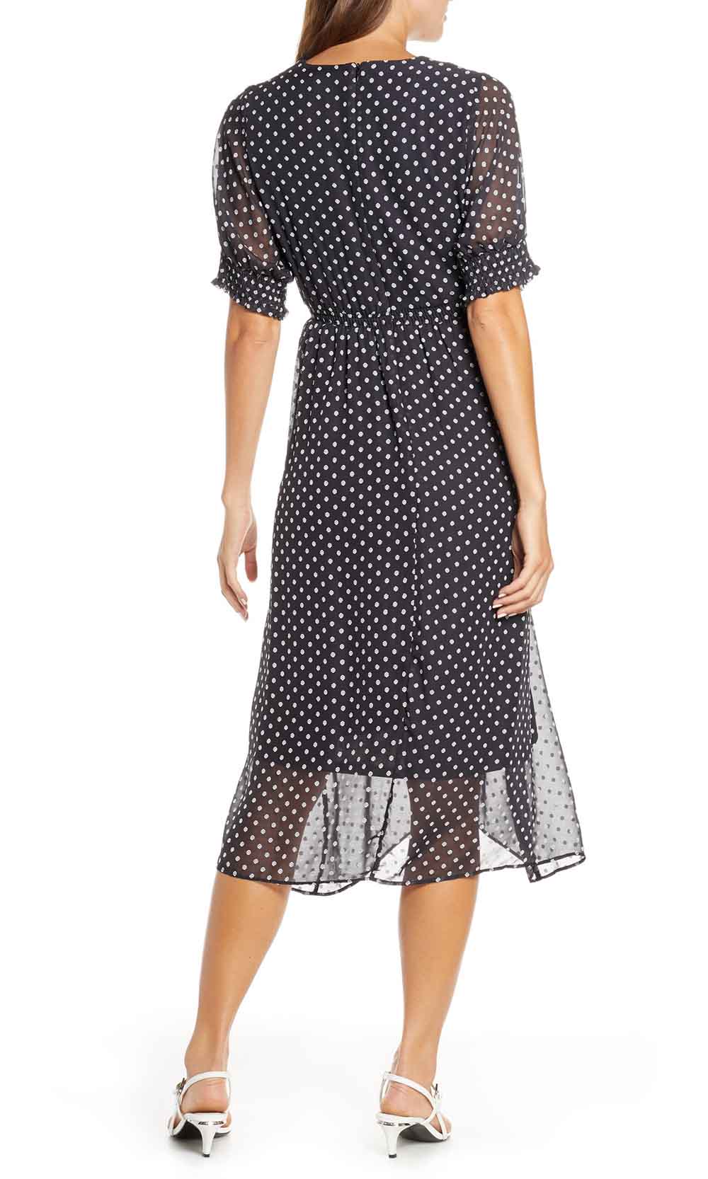 Maison Tara - 95109M Tea Length Polkadot Faux Wrap Dress In Blue and Print