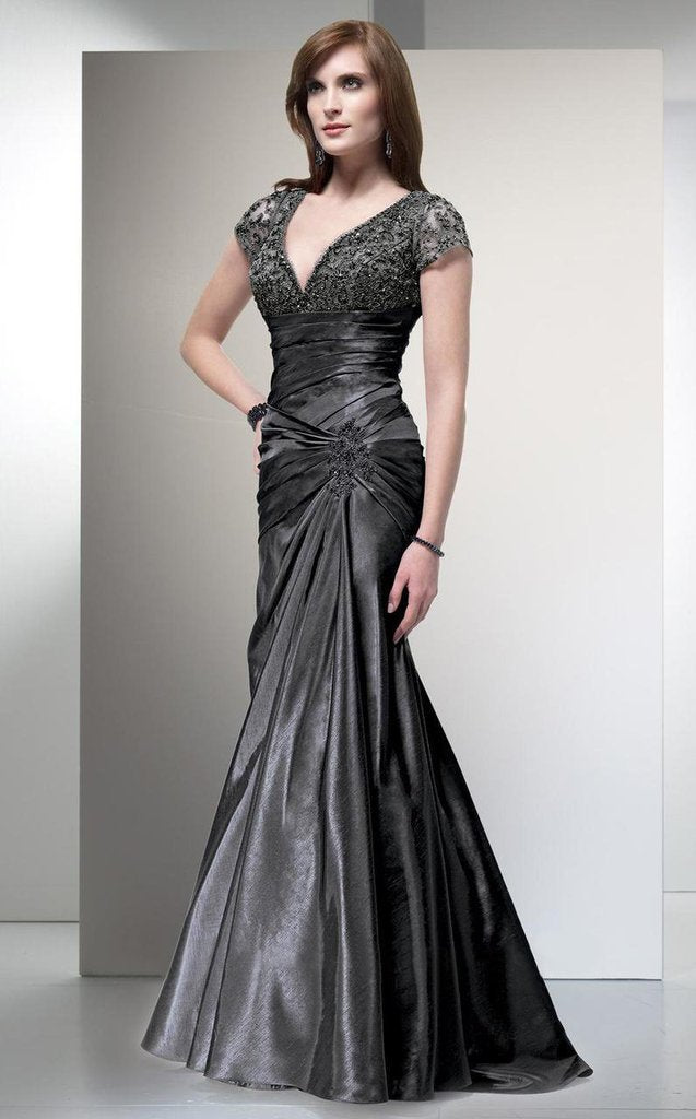 Alyce Paris 29357 Cap Sleeve Lace Ornate Empire Trumpet Gown - 2 pcs Pewter In Size 16 and 24 Available