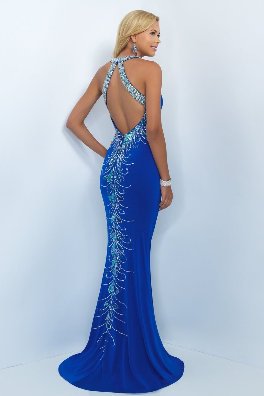 Blush - Bejeweled Halter Cutout Sheath Gown 11031 in Blue