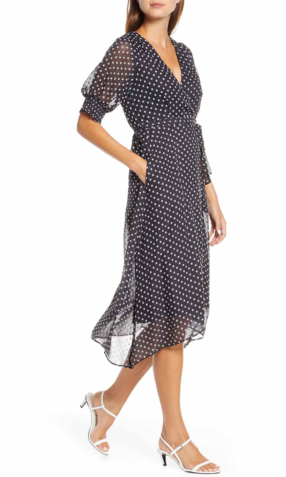 Maison Tara - 95109M Tea Length Polkadot Faux Wrap Dress In Blue and Print