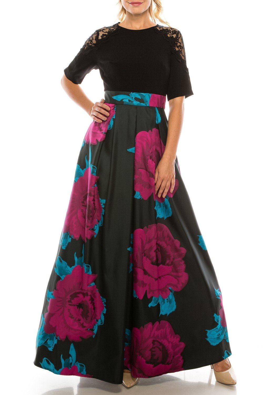 Ignite Evenings - IG3874 Lace Jewel Neck Floral Print A-line Gown In Black and Multi-Color